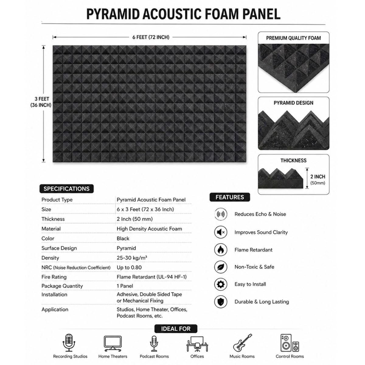6x3 Feet Acoustic Foams | Pyramid Acoustic Sheet | High Density Wall Panels for Home & Recording Studio