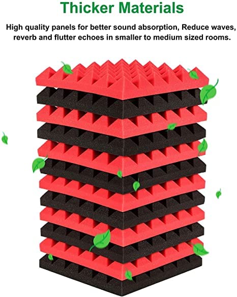 (PACK OF 12) Acoustic Foam Panels| Pyramid Foam | High Density Sound Proof Foam Panels for Wal (RED & BLACK)