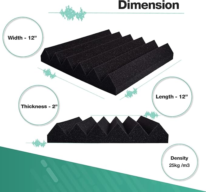 Acoustic Foams 12"x12"x2" Wedge Acoustic Panels Noise Reducer for Home Studio Recording (Pack of 12, Black)