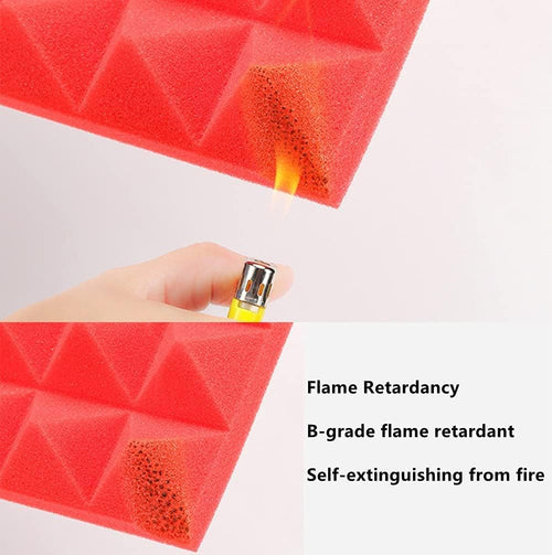 12"x 12" x 2" Acoustic Foam | High Density 3D Structure Pyramid Foam | Sound Proofing Acoustic Panels (Black & Red, Pack of 50)