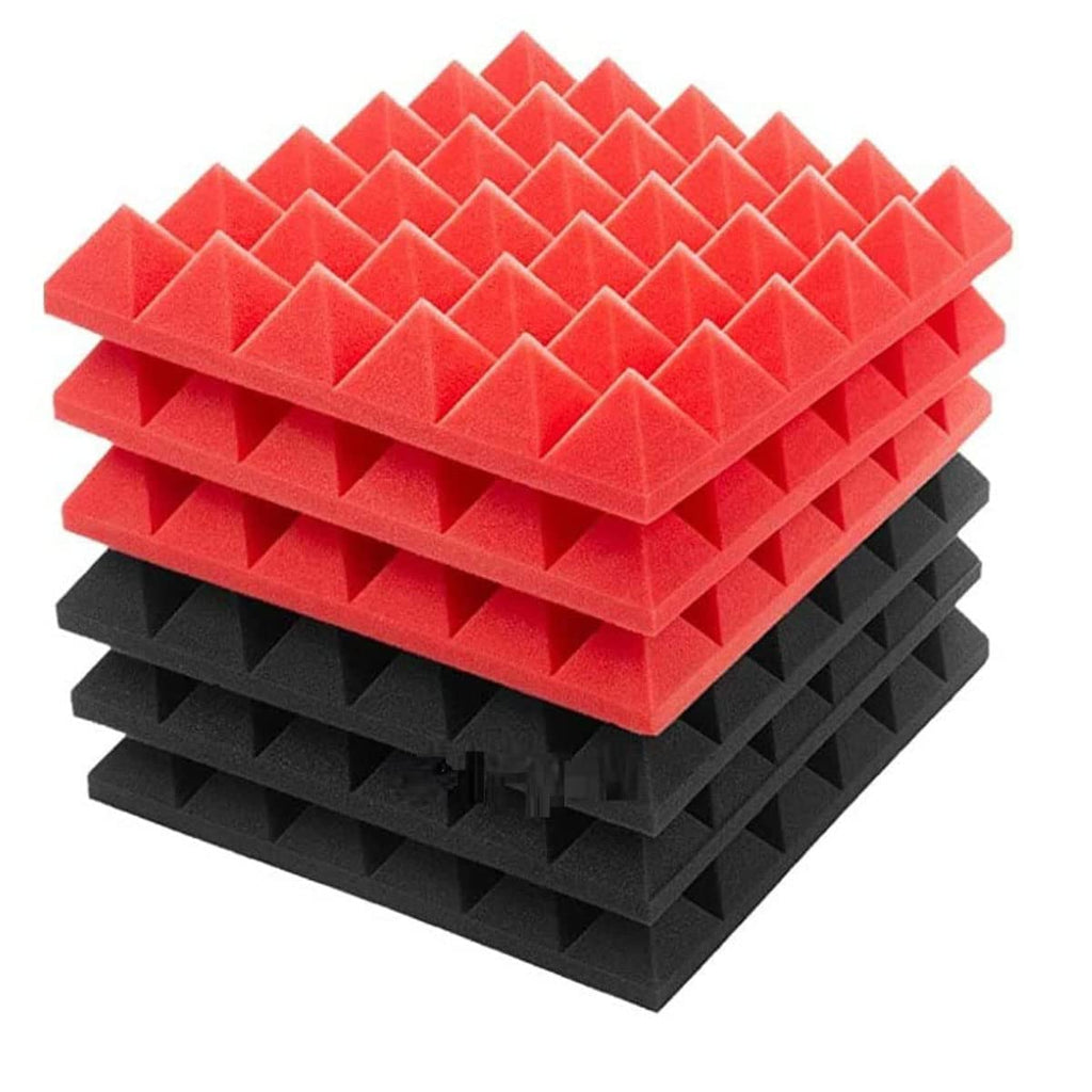 Acoustic Foams 12x12x2 Inch Pyramid  Panels High Density Noise Reduction Sound Proofing Studio Foam (PACK OF 6, Black& Red)