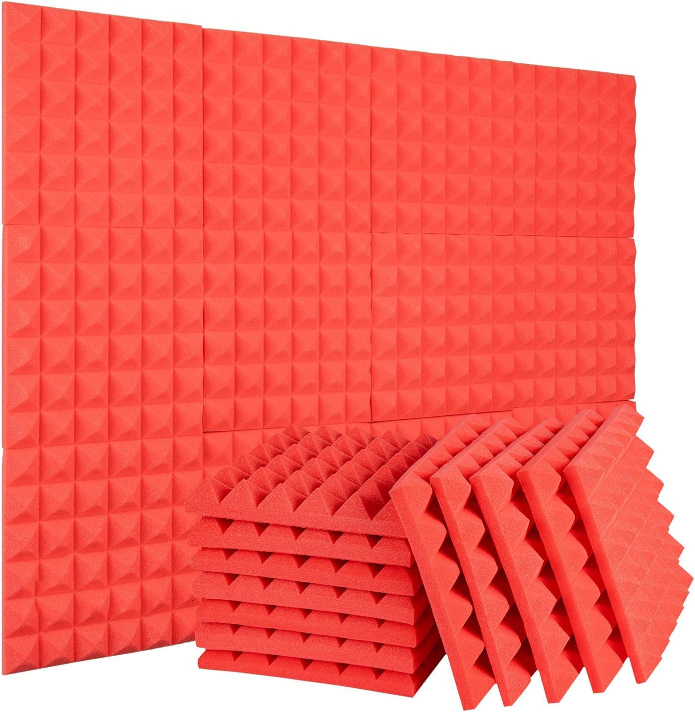 Acoustic Foams 12" x 12" x 2" Acoustic Panels Sound Proofing Pyramid Foam for Wall Studio (Pack of 12, Red)