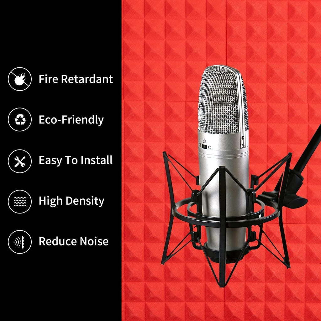 12"x 12" x 2" Acoustic Foam | High Density 3D Structure Pyramid Foam | Sound Proofing Acoustic Panels (Black & Red, Pack of 50)