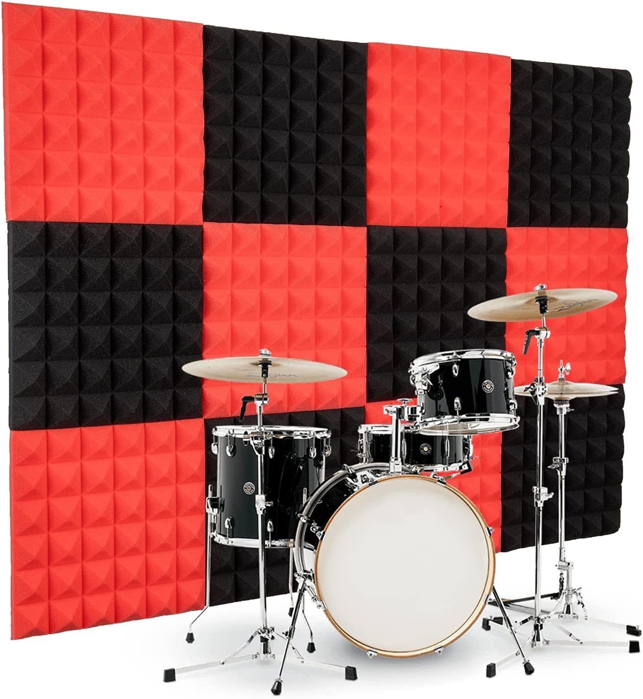 Acoustic Foams 12x12x2 Inch Pyramid  Panels High Density Noise Reduction Sound Proofing Studio Foam (PACK OF 6, Black& Red)