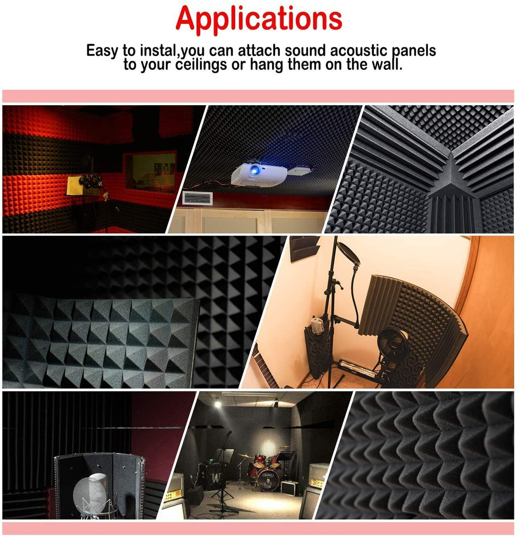 Acoustic Foams 12x12x2 Inch Pyramid Panels High Density Sound Proof Foam Panels for Wall Studio Foam (Pack of 24,Black)