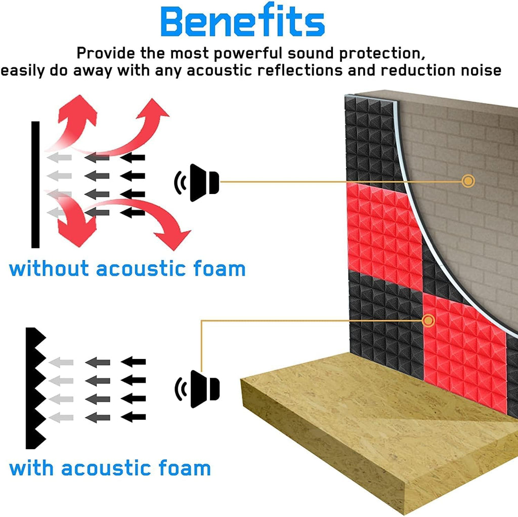 12"x 12" x 2" Acoustic Foam | High Density 3D Structure Pyramid Foam | Sound Proofing Acoustic Panels (Black & Red, Pack of 50)