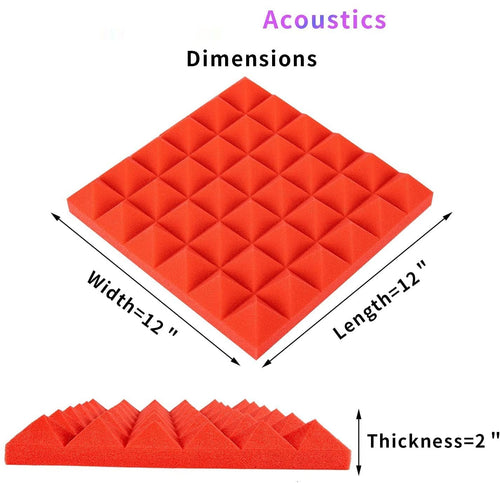 12" x 12" x 2" Pyramid Acoustic Foams for Wall Studio (Pack of 12, Red)