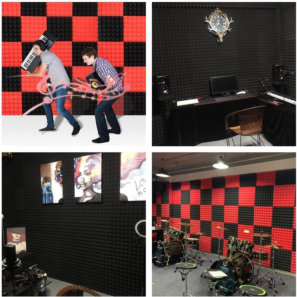 12"x 12" x 2" Acoustic Foam | High Density 3D Structure Pyramid Foam | Sound Proofing Acoustic Panels (Black & Red, Pack of 50)