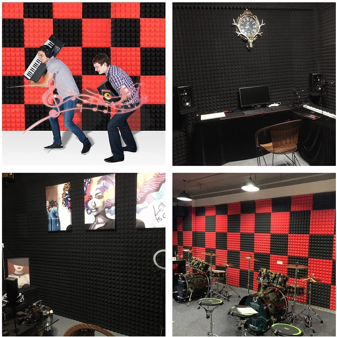 12"x 12" x 2" Acoustic Foam | High Density 3D Structure Pyramid Foam | Sound Proofing Acoustic Panels (Black & Red, Pack of 50)