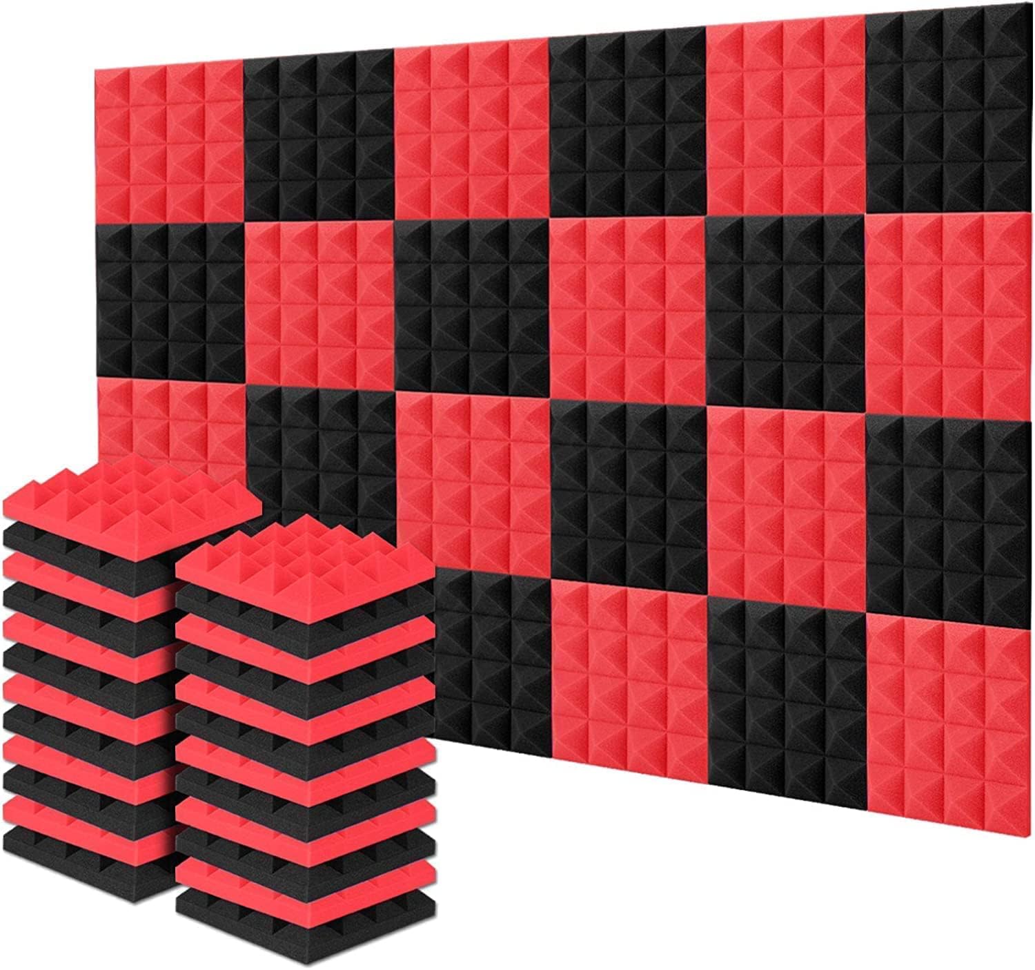 12"x 12" x 2" Acoustic Foam | High Density 3D Structure Pyramid Foam | Sound Proofing Acoustic Panels (Black & Red, Pack of 50)