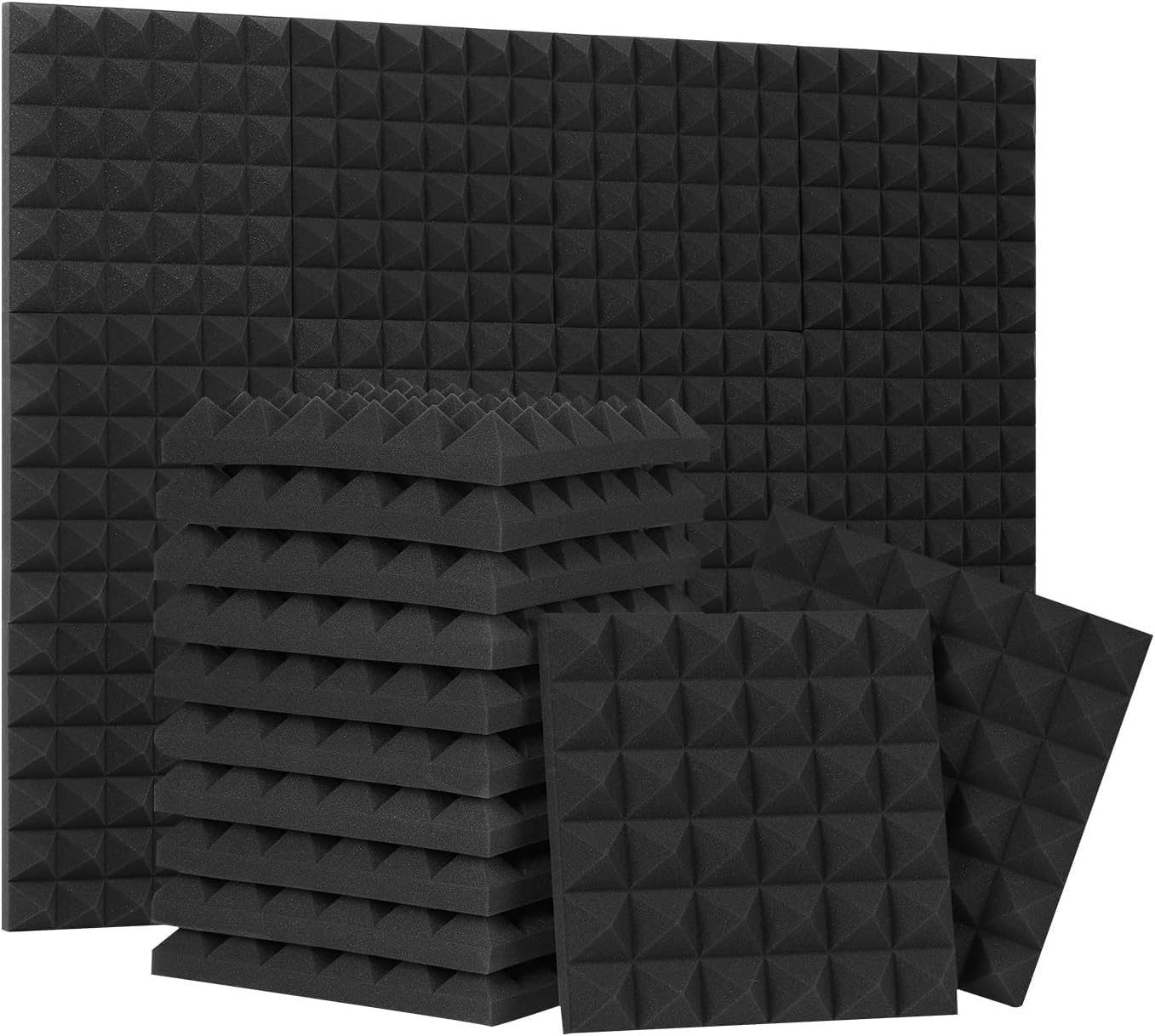 Acoustic Foams | High Density 3D Structure Pyramid Foam| 12"x 12" x 2" Sound Proofing Acoustic Panels (Black, Pack of 50)