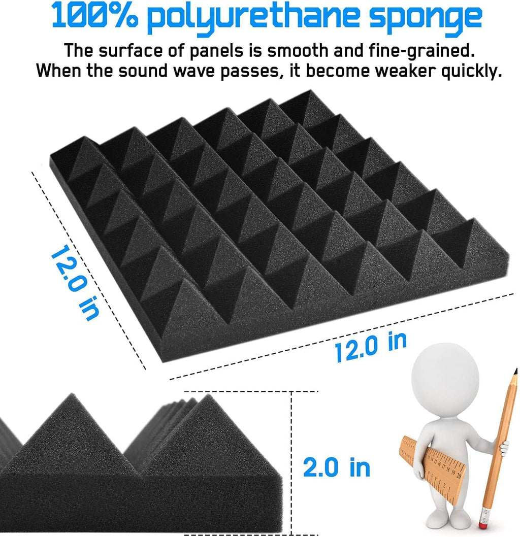 Acoustic Foams 12x12x2 Inch Pyramid Panels High Density Sound Proof Foam Panels for Wall Studio Foam (Pack of 24,Black)