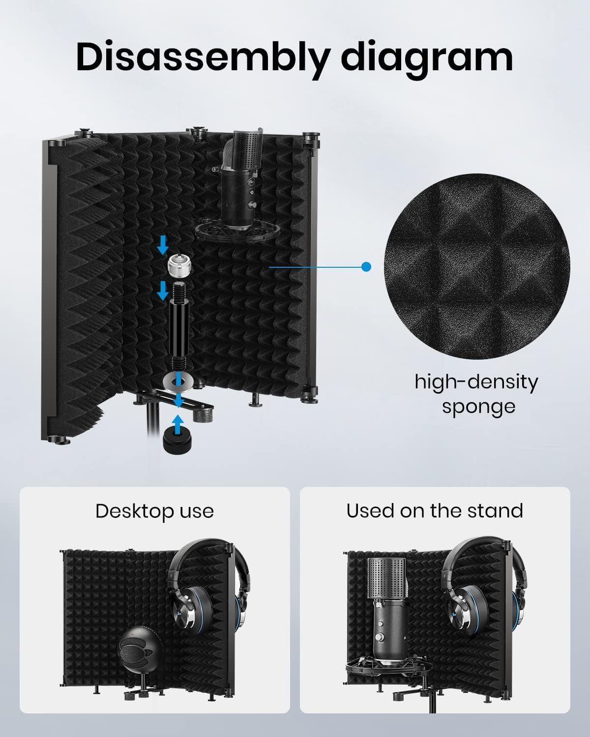 3 Panel Microphone Isolation shield | Sound Proof Foam | Vocal Booth Panel | reflection filter for Studio Recording