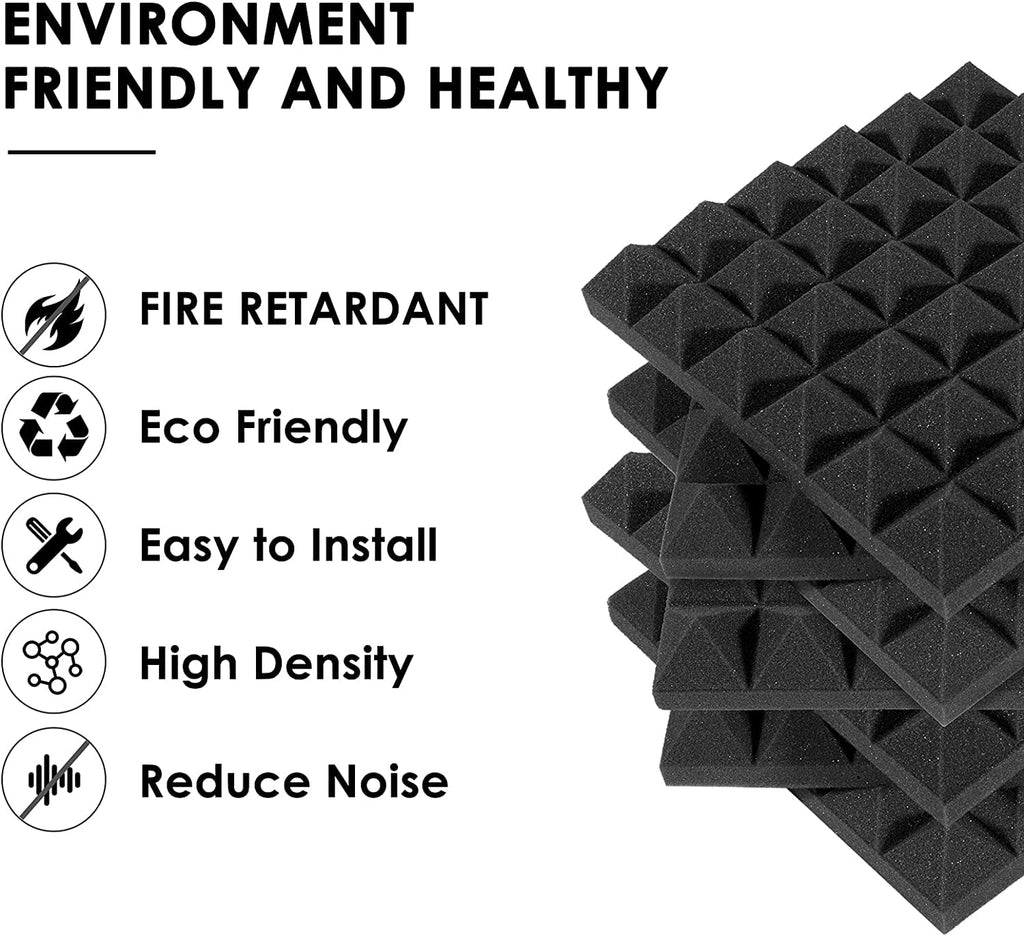 Acoustic Foams 12x12x2 Inch Pyramid Panels High Density Sound Proof Foam Panels for Wall Studio Foam (Pack of 24,Black)