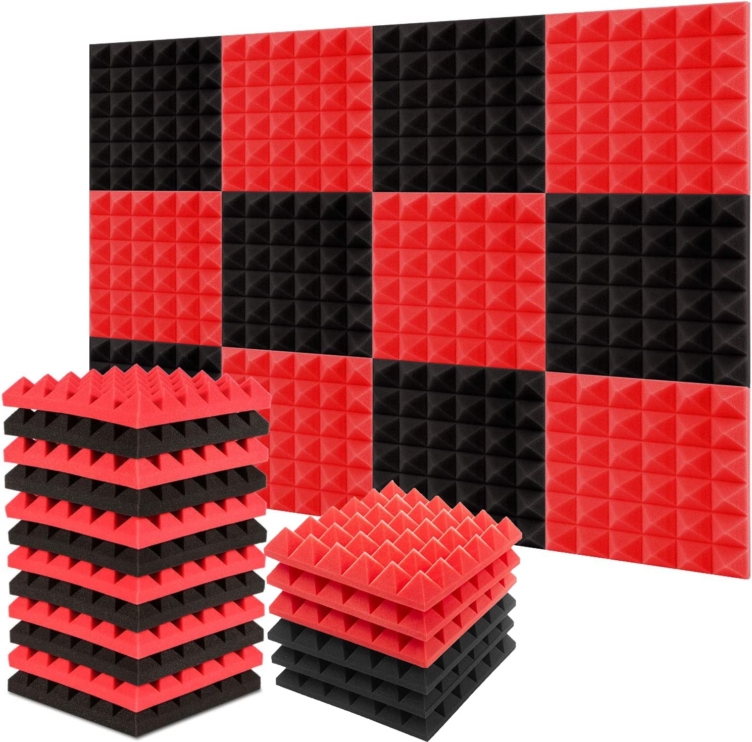 12x12x2 Inch Pyramid Acoustic Foam Panels High Density Noise Reduction Sound Proofing Studio Foam (Pack of 18, Black&Red)