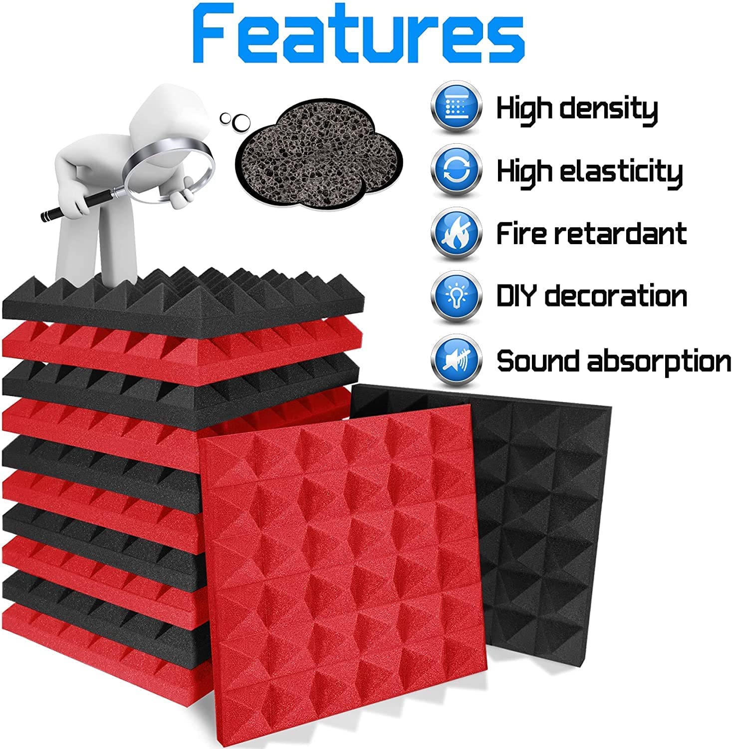 (PACK OF 12) Acoustic Foam Panels| Pyramid Foam | High Density Sound Proof Foam Panels for Wal (RED & BLACK)